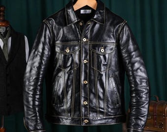 Black Horsehide Leather Trucker Jacket: Western Style