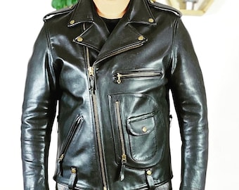 1940s D-Pocket Cowhide Leather Motorcycle Jacket: Biker Style