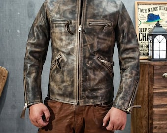 1940s Cowhide Leather Half Belt Jacket: Men's Waxed Biker Coat