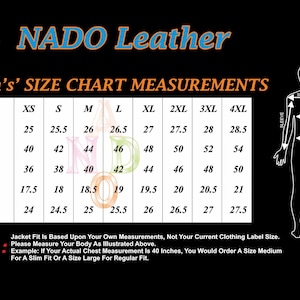 May include: Black graphic with the text "NADO Leather" and a size chart for jackets. The chart includes measurements for length, chest, waist, shoulder, and sleeve in inches, ranging from XS to 4XL.