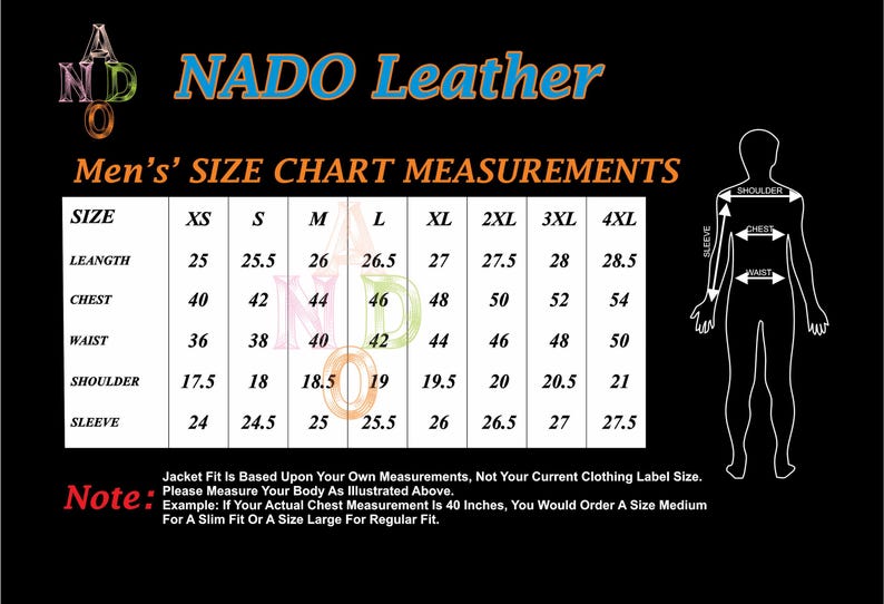May include: Black graphic with the text "NADO Leather" and a size chart for jackets. The chart includes measurements for length, chest, waist, shoulder, and sleeve in inches, ranging from XS to 4XL.