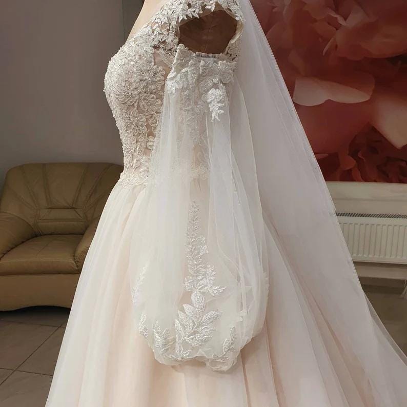 May include: A white wedding dress with a V-neckline and long, sheer sleeves. The bodice is adorned with intricate lace detailing, and the skirt flows into a full, elegant shape. A matching veil drapes from the shoulders, adding to the romantic design.