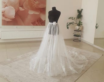 Lightweight Sheer Tulle Bridal Overskirt, One layer lace skirt, tulle lace skirt,Detachable lace wedding train