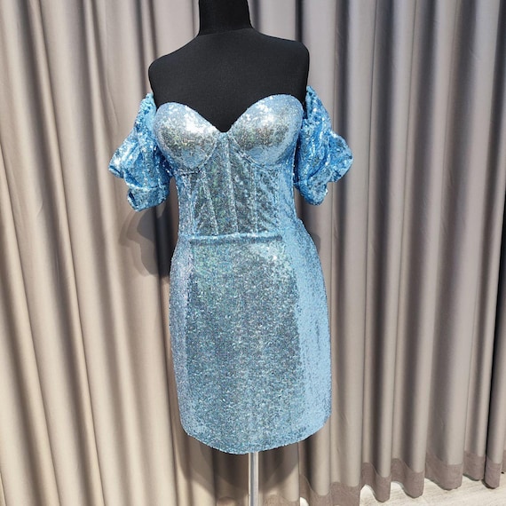blue mermaid tail dress Strapless Denim Mini Dress – Corset Bodice & Flared Skirt – Luxxe Apparel main image 1