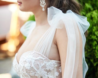 Detachable Wedding Bow Straps,Bridal Shoulder Bows with Snap Buttons, Removable Wedding Dress Sleeves,Tulle Bows for Bride