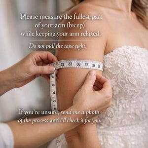 May include: A person's arm is measured with a white measuring tape. The text on the image reads: "Please measure the fullest part of your arm (bicep) while keeping your arm relaxed. Do not pull the tape tight."