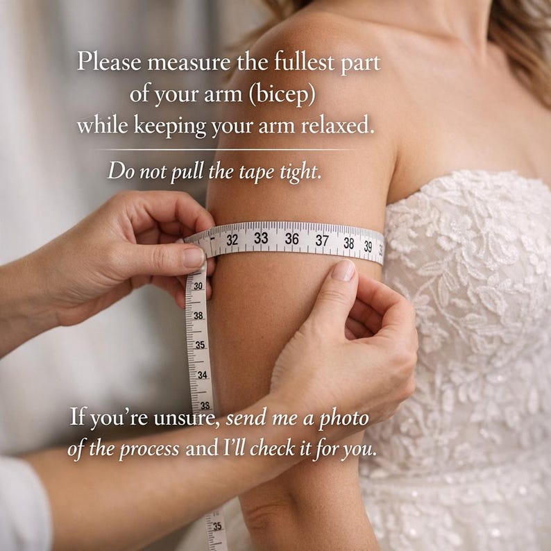 May include: A person's arm is measured with a white measuring tape. The text on the image reads: "Please measure the fullest part of your arm (bicep) while keeping your arm relaxed. Do not pull the tape tight."