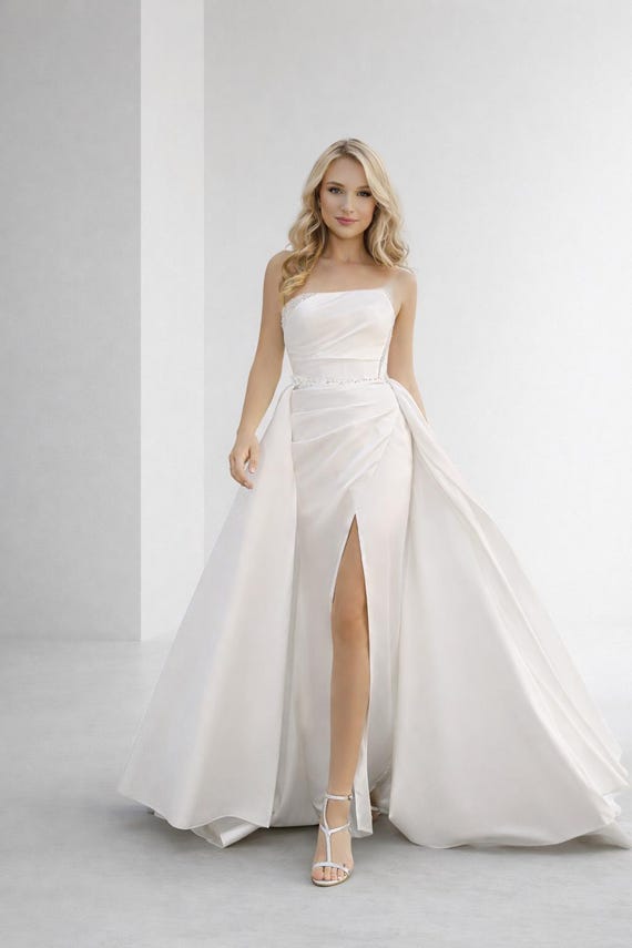 detachable satin overskirt wedding dress Side Slit Bridal Dress with Detachable Overskirt S
