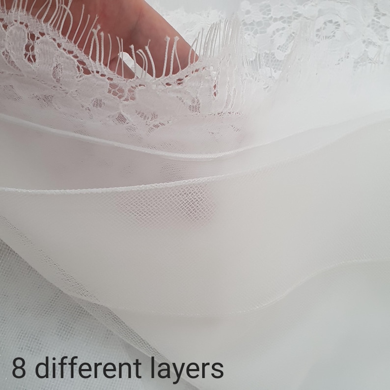 May include: Close-up of white fabric with eight distinct layers. The top layer features delicate lace detailing, while the lower layers appear to be a sheer, lightweight material. The text "8 different layers" is visible at the bottom.
