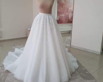 Chantilly Lace Wedding Overskirt – Minimalist Bridal Skirt with Train, Handmade full gown skirt