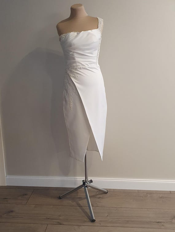one shoulder knee length wedding dress Jovani -40096 Elegant One-Shoulder Cocktail Dress with Floral Accent 2 / White