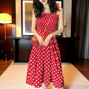 Spring Midi Dress with Polka Dot, High Waist Polka Dot Dress for Women, Sleeveless Vacation Dress, Midi Skirt Dress, Gift for Girlfriend