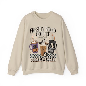 Freshly Boo&#39;d Coffee Crewneck, Spooky Coffee Sweatshirt, Halloween Fashion, Cozy Fall Apparel, Coffee Lovers Gift for Her, Halloween Sweater