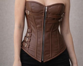 Leather Steampunk Overbust Corset: Steel Boned Waist Trainer