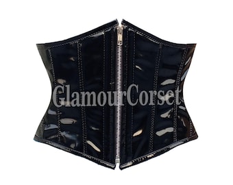 PVC Underbust Corset: Steel Boned Waist Trainer, Black corset with zip