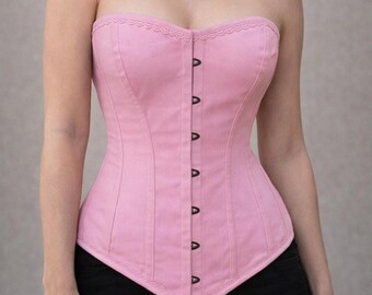 Steel Boned Overbust Corset: Twill Cotton Waist Trainer - Baby Pink