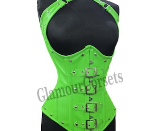 Corset en similicuir désossé en acier robuste, goujons steampunk et corset avec sangle sous la poitrine et fermeture à boucle de style gothique