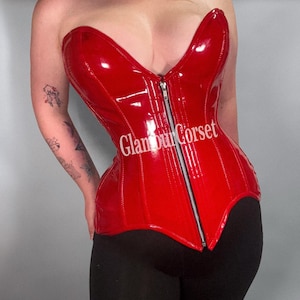 Heavy Duty Steel Boned Overbust Pvc Waist Trainer Red Corset with Zipper