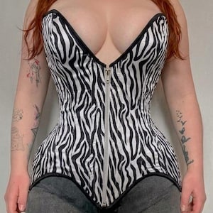 Handmade Zebra Print Satin Overbust Corset: Steel Boned Waist Trainer Zipper Corset