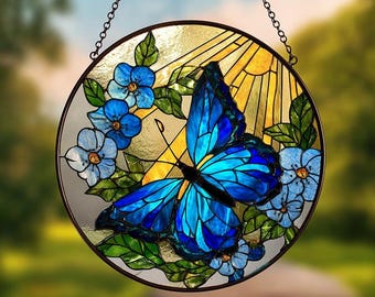 Blue Butterfly Stained Glass Suncatcher, Handmade Window Decor with Flowers & Sunlight, Perfect Gift for Nature Lovers