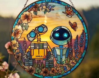 Atrapasol de vitral de WALL·E y EVE con flores silvestres, decoración para ventana de Disney Pixar, lindo detalle decorativo para el hogar de Disney, regalos de San Valentín y Navidad para fans