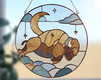 Solfångare i målat glas, flygande bison, handgjord glaskonst, julklapp, fönsterdekoration, present till animeälskare