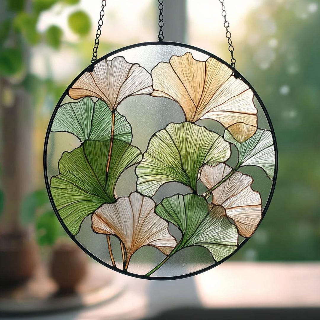 Gingko Window Round Ginkgo Leaf Stained Glass Suncatcher, Ginkgo Window Hanging, Gift ...