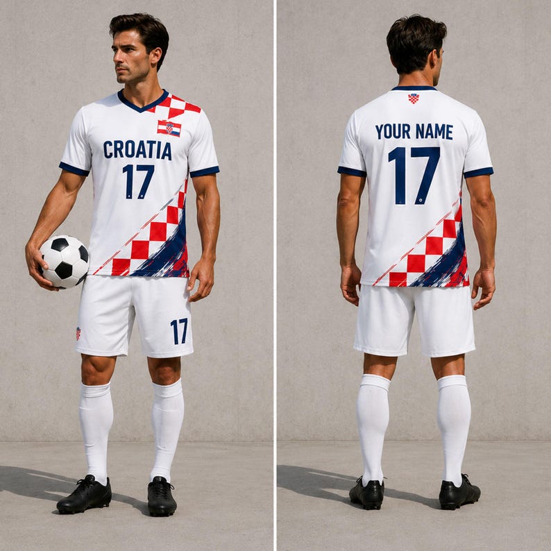 Puede incluir: Un conjunto de f&uacute;tbol blanco que incluye camiseta y pantal&oacute;n corto, con un patr&oacute;n de cuadros rojos y blancos en el hombro y el lateral, el texto CROATIA y el n&uacute;mero 17 en el frente, y YOUR NAME y el n&uacute;mero 17 en la espalda de la camiseta.