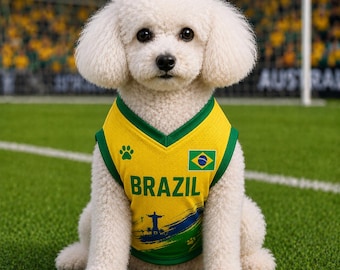 Personalized Brazil Dog Jersey, Custom Pet Soccer Shirt, Brazilian Flag Puppy Vest, Yellow Football Fan Outfit