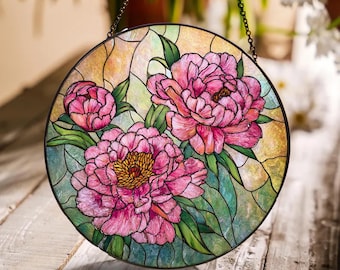 Peony Stained Glass Suncatcher Window Hanging, Vintage Floral Stained Glass Window Hanging, Handcrafted Pink Yellow Flower Panel