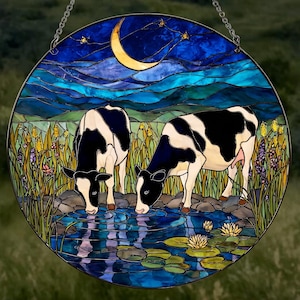 Holstein Cows Drinking Suncatcher, Rustic Farmhouse Kitchen Decor, Black and White Cow, Rustic Country Barn Home Decor Gift