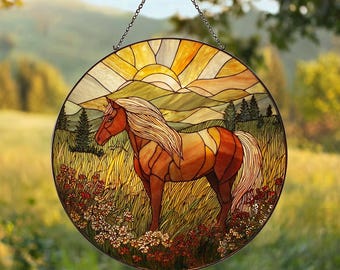 ステンドグラスのサンキャッチャー馬装飾 – 雄大な馬と鮮やかな色彩の