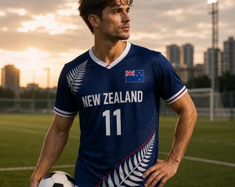 Koszulka piłkarska z nadrukiem, personalizowana granatowa koszulka piłkarska z siateczki, zestaw kibica z flagą Kiwi, męska koszulka sportowa z imieniem i numerem na dzień meczu