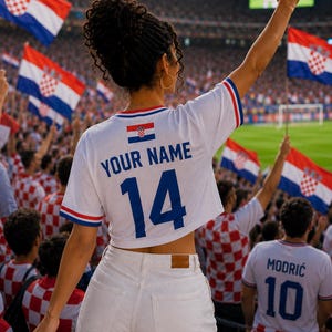 May include: A white cropped t-shirt featuring the text YOUR NAME and the number 14 in blue, with a small Croatian flag emblem on the chest and red and blue striped sleeve cuffs, paired with white denim jeans in a crowded stadium setting.