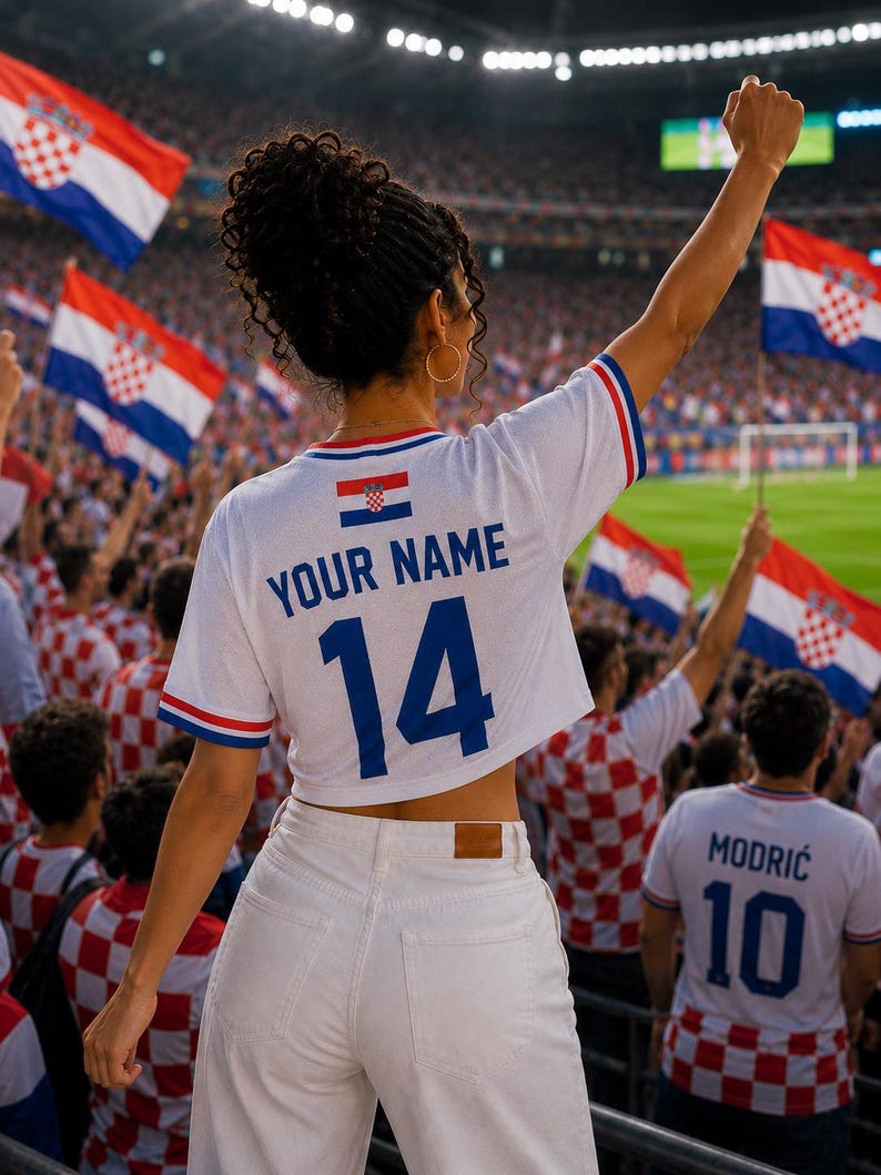 May include: A white cropped t-shirt featuring the text YOUR NAME and the number 14 in blue, with a small Croatian flag emblem on the chest and red and blue striped sleeve cuffs, paired with white denim jeans in a crowded stadium setting.