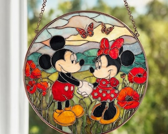 Łapacz słońca z witrażem Myszki Miki i Myszki Minnie, Łapacz słońca dla pary Myszki Miki i Myszki Minnie, Prezent na rocznicę dla męża i żony, Dekoracja dla pary