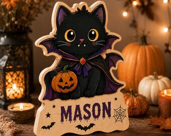 Personalized Vampire Cat Wooden Block, Custom Halloween Name Decor, Cute Black Cat Table Sign, Spooky Season Gift Keepsake