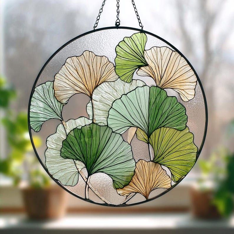 Gingko Window Round Ginkgo Leaf Stained Glass Suncatcher, Ginkgo Window Hanging, Gift ...