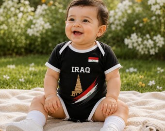 Body niemowlęce z Iraku z imieniem i numerem, ubranko dla niemowląt Spiral Minaret Samarra, prezent dla noworodka kibica piłki nożnej z flagą Iraku