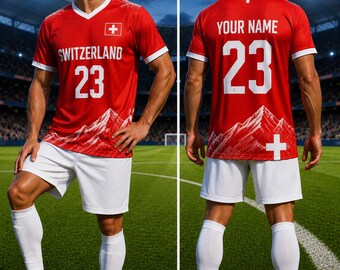 Koszulka piłkarska Swiss Mesh na zamówienie, spersonalizowana szwajcarska koszulka piłkarska, odzież dla kibiców inspirowana górami, prezent z imieniem i numerem