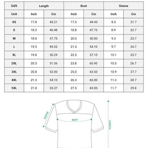 May include: A size chart for an all-over print crop top football jersey, featuring a table with length, bust, and sleeve measurements in inches and centimeters for sizes XS to 5XL, alongside a line drawing of a jersey with dimension labels.