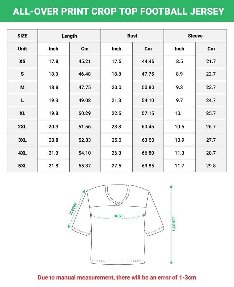 May include: A size chart for an all-over print crop top football jersey, featuring a table with length, bust, and sleeve measurements in inches and centimeters for sizes XS to 5XL, alongside a line drawing of a jersey with dimension labels.