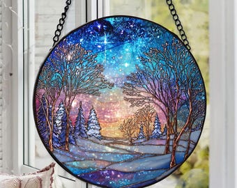 ステンドグラスの冬の風景サンキャッチャー：手作りの雪景色 - Etsy 日本
