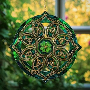 May include: A round, stained-glass suncatcher with a Celtic knot design. The suncatcher features a vibrant green and gold color scheme, with intricate knotwork patterns and a central four-leaf clover. It hangs from a delicate gold chain.