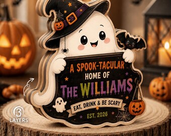 Personalized Ghost Halloween Wooden Block, Custom Family Name Decor, Spooktacular Home Sign, 3 Layer Wood Keepsake Gift