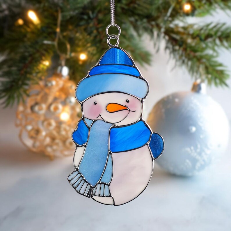 Snowman Suncatcher, Stained Glass Window Hanging, Christmas Ornament ...