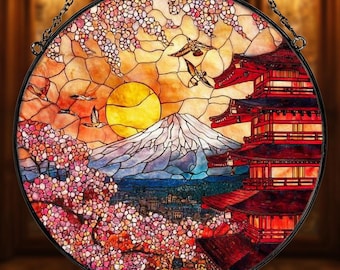 Mount Fuji - Honshu, Japan: Stained Glass Style Window Hanging