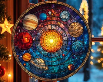 【ステンドグラス】惑星のサンキャッチャーとオリーブのリース カスタム地球ステンドグラスサンキャッチャー、惑星ガラスアート、宇宙