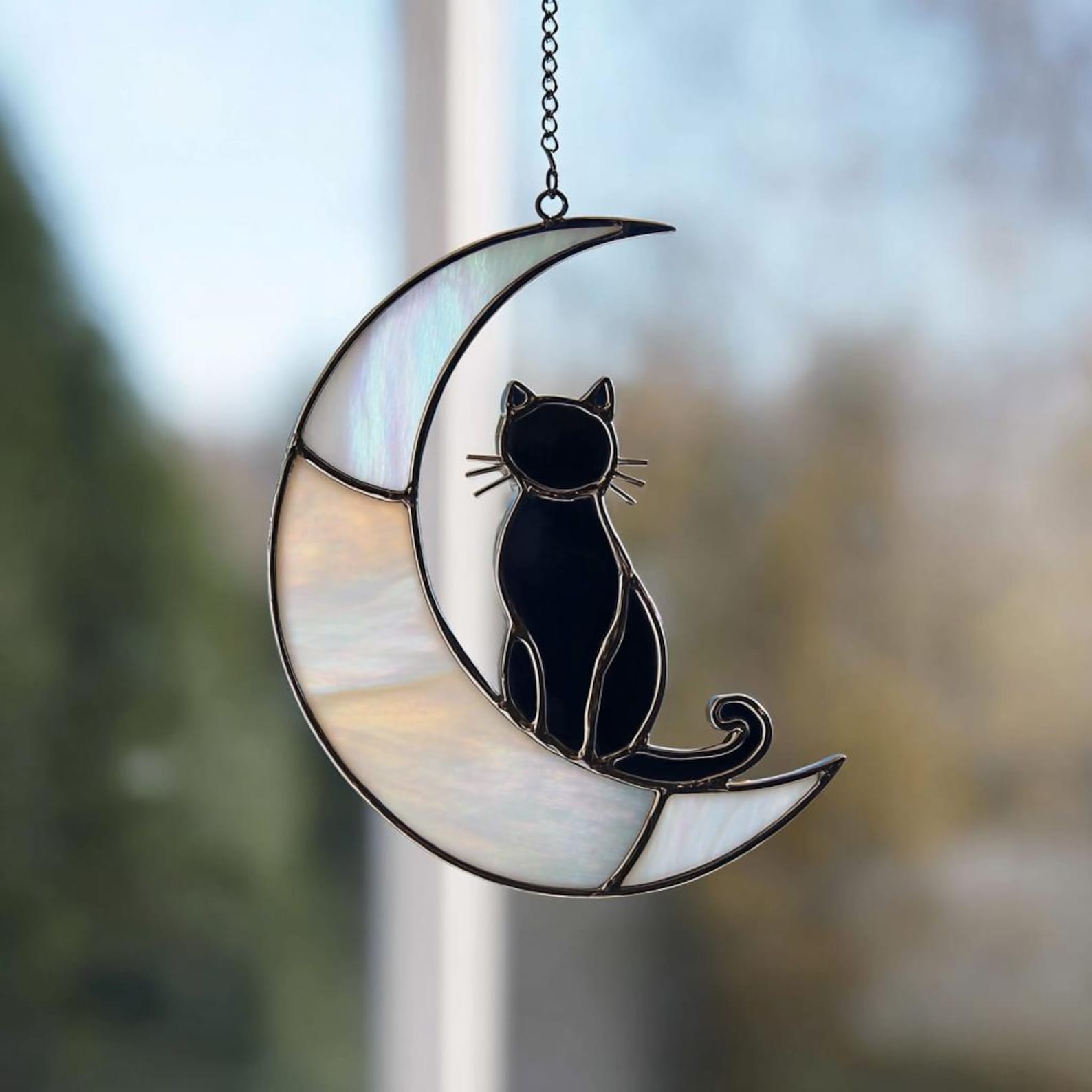Cat on Moon Acrylic Suncatcher, Handmade Crescent Moon Window Hanging, Glass Window Hanging, Gift for Cat Lovers - Acrylic 8 inches