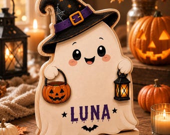 Personalized Ghost Wooden Block, Custom Halloween Name Sign, Cute Spooky Table Decor, Witch Hat Ghost Keepsake Gift